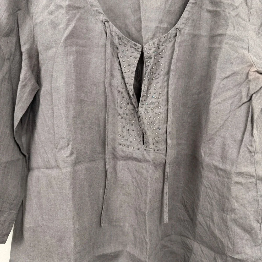 Eileen Fisher Womens‎ Irish Linen Sequin Split Neck Tunic Top Gray S1ALA-2 M